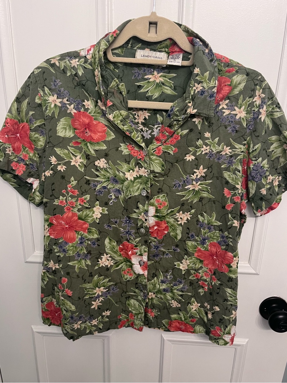 Women’s Tropical Floral Button-Up Shirt - Olive Green & Red